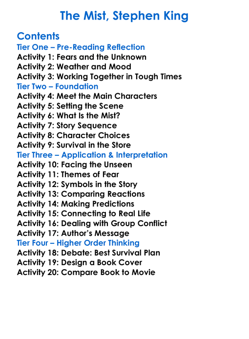 The Mist Stephen King Worksheet Activity Booklet
