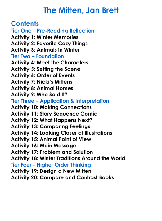 The Mitten Jan Brett Worksheet Activity Booklet