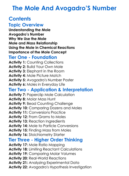 The Mole And Avogadros Number Worksheet Activity Booklet
