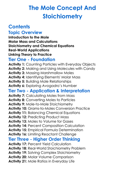 The Mole Concept And Stoichiometry Worksheet Activity Booklet