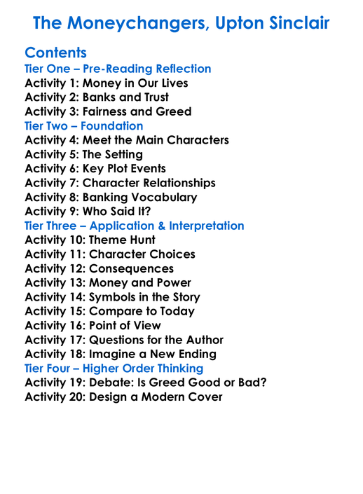 The Moneychangers Upton Sinclair Worksheet Activity Booklet