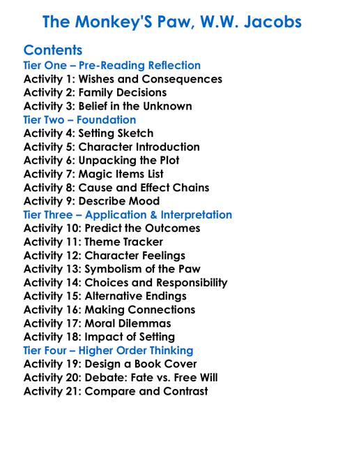 The Monkeys Paw Ww Jacobs Worksheet Activity Booklet