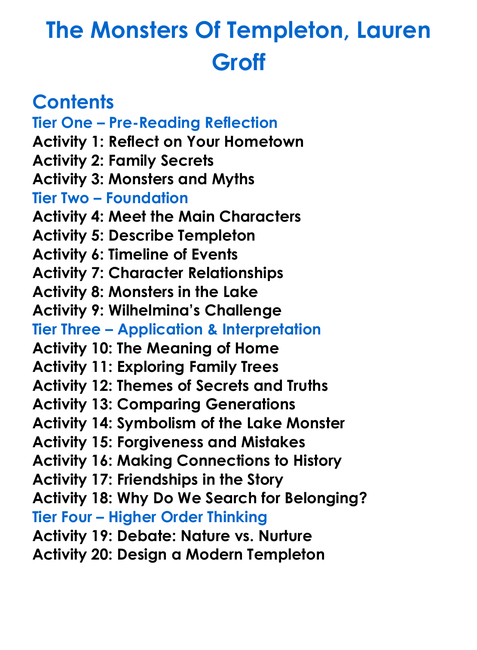 The Monsters Of Templeton Lauren Groff Worksheet Activity Booklet