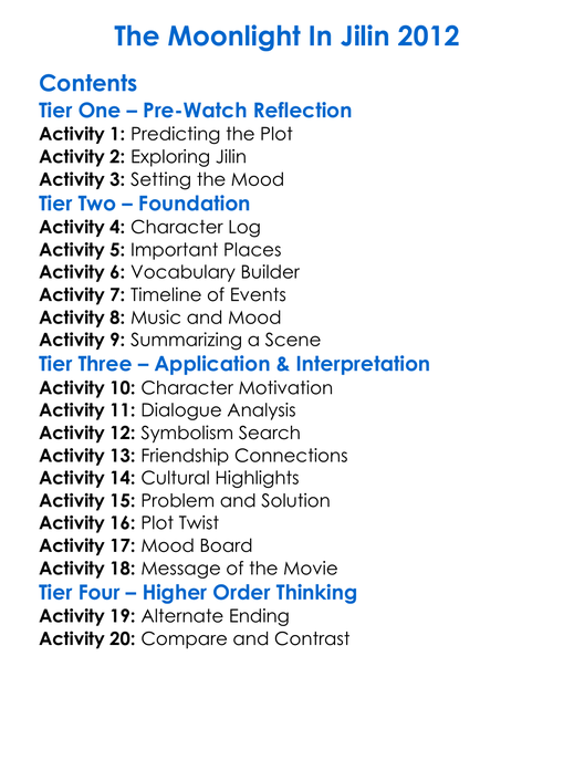 The Moonlight In Jilin 2012 Worksheet Activity Booklet