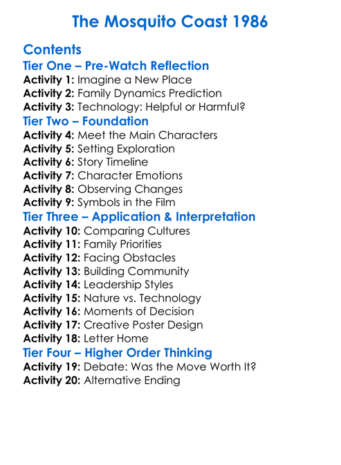The Mosquito Coast 1986 Worksheet Activity Booklet