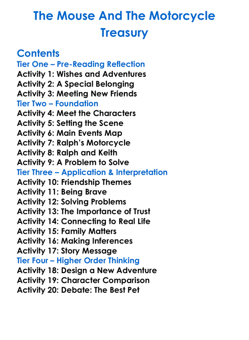 The Mouse And The Motorcycle Treasury Worksheet Activity Booklet