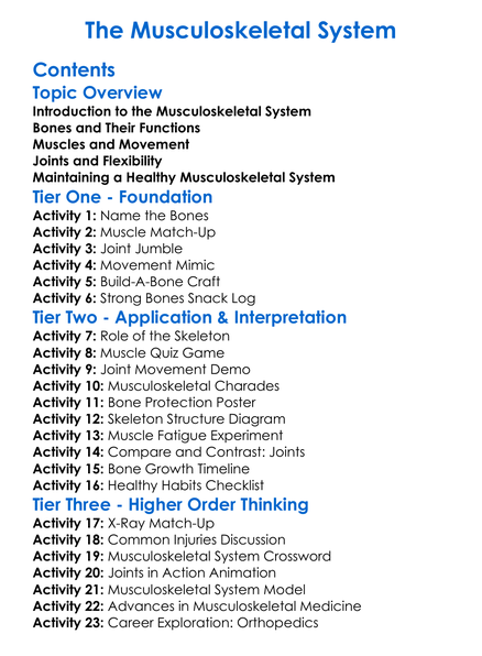 The Musculoskeletal System Worksheet Activity Booklet