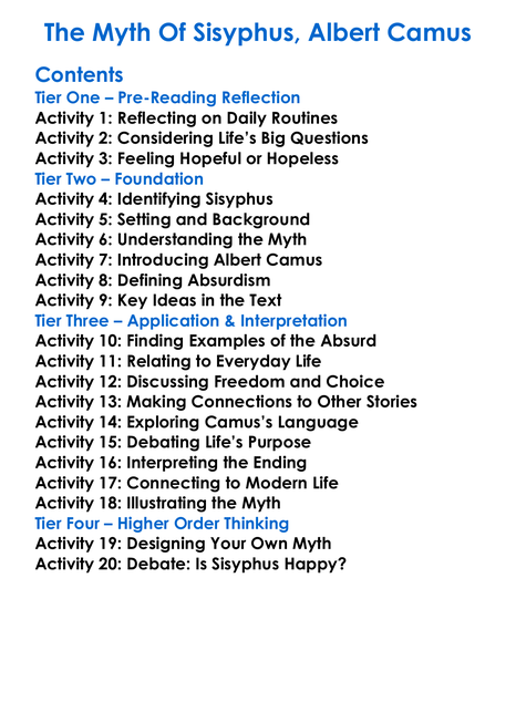 The Myth Of Sisyphus Albert Camus Worksheet Activity Booklet