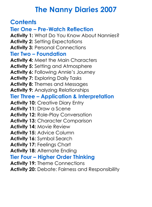 The Nanny Diaries 2007 Worksheet Activity Booklet