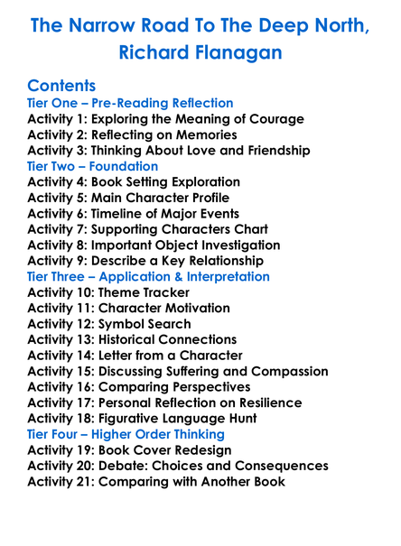 The Narrow Road To The Deep North Richard Flanagan Worksheet Activity Booklet