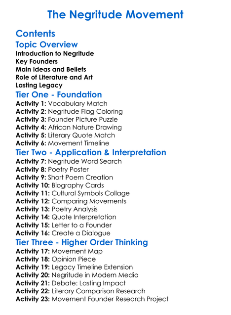 The Negritude Movement Worksheet Activity Booklet
