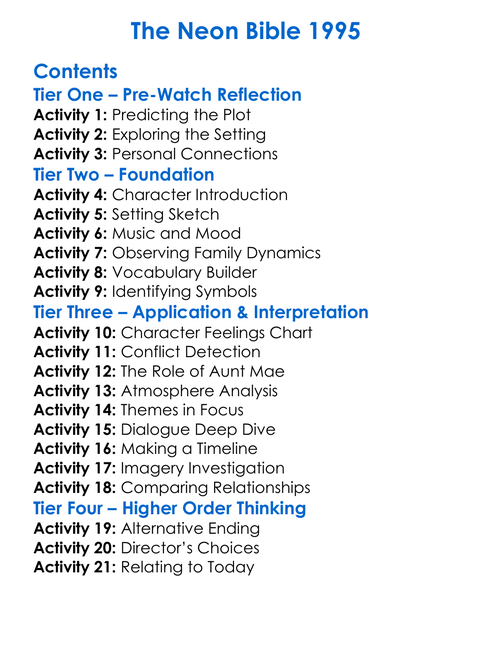 The Neon Bible 1995 Worksheet Activity Booklet