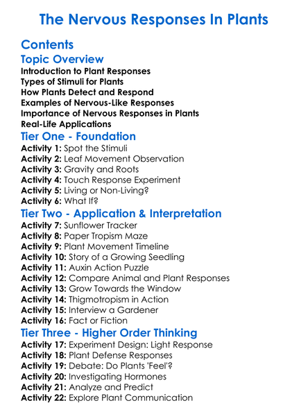 The Nervous Responses In Plants Worksheet Activity Booklet