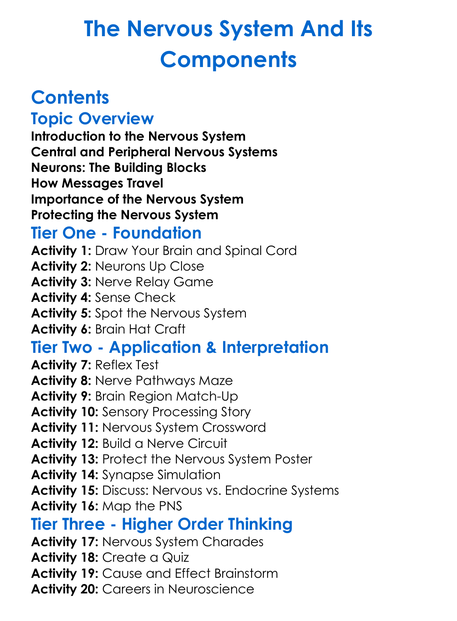 The Nervous System And Its Components Worksheet Activity Booklet
