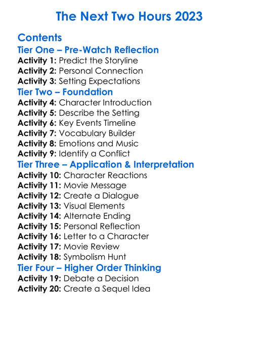 The Next Two Hours 2023 Worksheet Activity Booklet