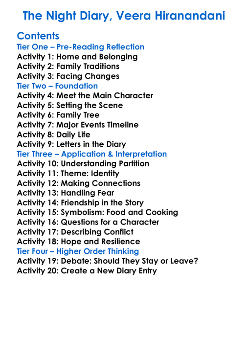 The Night Diary Veera Hiranandani Worksheet Activity Booklet
