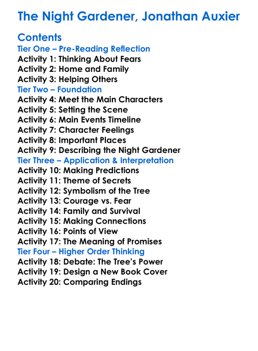 The Night Gardener Jonathan Auxier Worksheet Activity Booklet