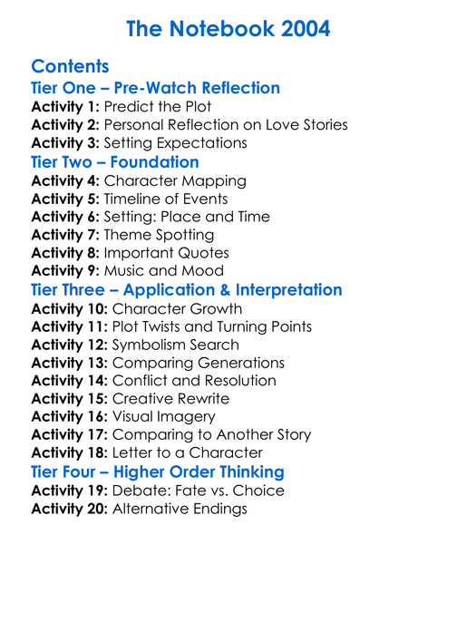 The Notebook 2004 Worksheet Activity Booklet