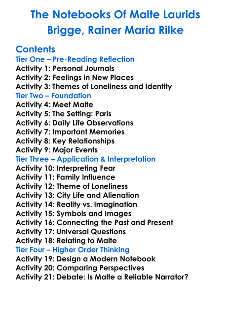 The Notebooks Of Malte Laurids Brigge Rainer Maria Rilke Worksheet Activity Booklet