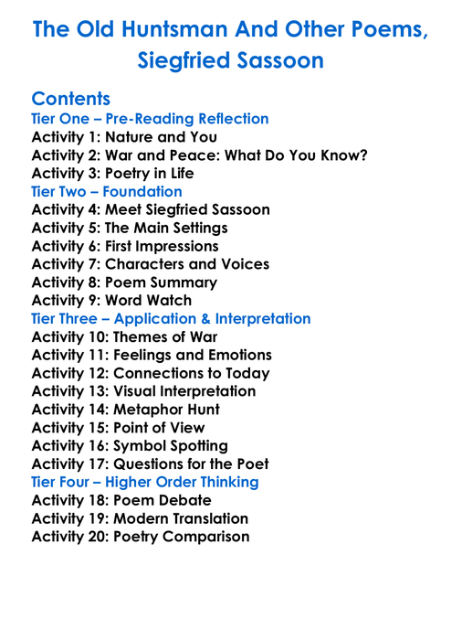 The Old Huntsman And Other Poems Siegfried Sassoon Worksheet Activity Booklet