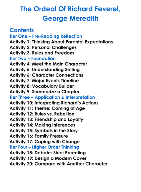 The Ordeal Of Richard Feverel George Meredith Worksheet Activity Booklet