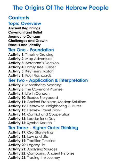 The Origins Of The Hebrew People Worksheet Activity Booklet