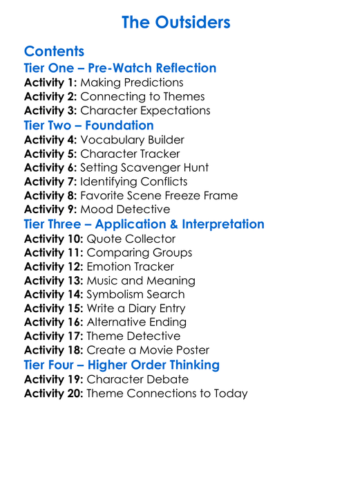 The Outsiders Worksheet Activity Booklet
