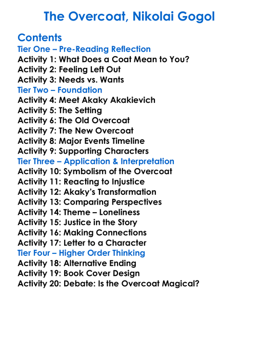 The Overcoat Nikolai Gogol Worksheet Activity Booklet