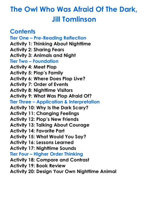 The Owl Who Was Afraid Of The Dark Jill Tomlinson Worksheet Activity Booklet