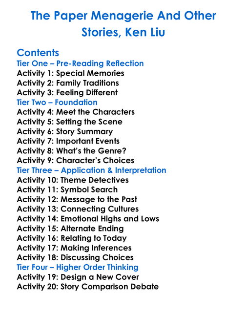 The Paper Menagerie And Other Stories Ken Liu Worksheet Activity Booklet