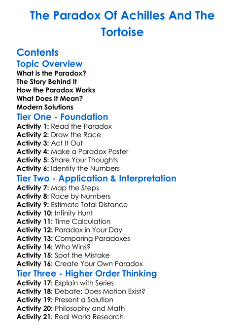 The Paradox Of Achilles And The Tortoise Worksheet Activity Booklet