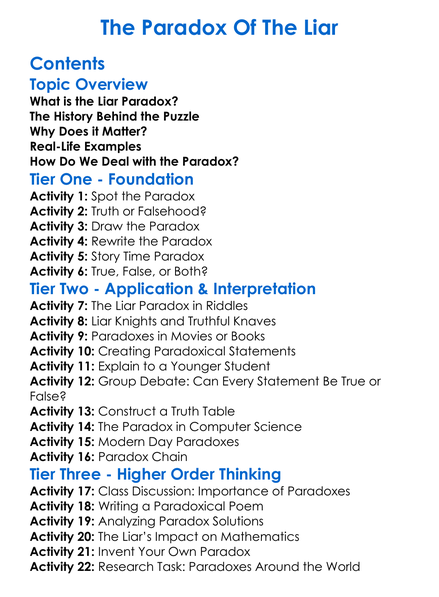The Paradox Of The Liar Worksheet Activity Booklet