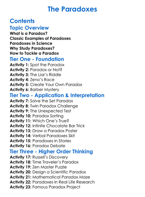 The Paradoxes Worksheet Activity Booklet