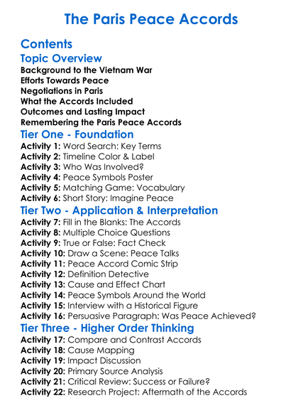 The Paris Peace Accords Worksheet Activity Booklet