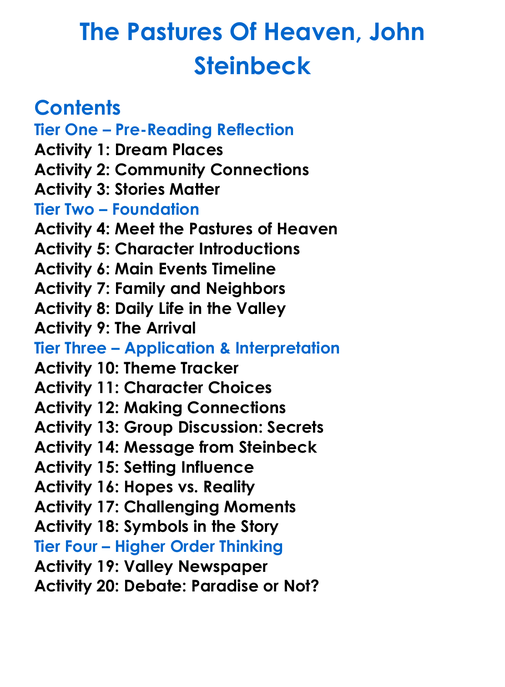 The Pastures Of Heaven John Steinbeck Worksheet Activity Booklet