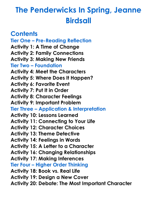 The Penderwicks In Spring Jeanne Birdsall Worksheet Activity Booklet