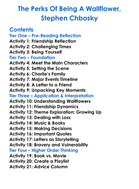 The Perks Of Being A Wallflower Stephen Chbosky Worksheet Activity Booklet