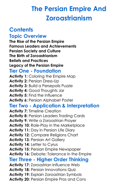The Persian Empire And Zoroastrianism Worksheet Activity Booklet