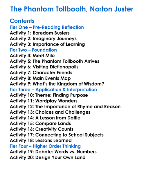 The Phantom Tollbooth Norton Juster Worksheet Activity Booklet