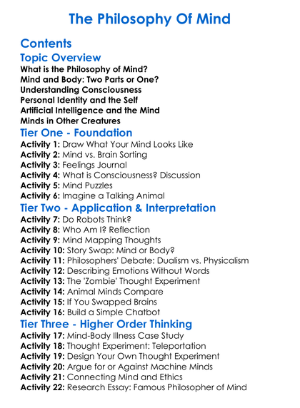 The Philosophy Of Mind Worksheet Activity Booklet