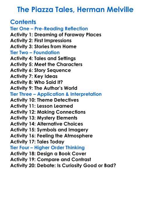 The Piazza Tales Herman Melville Worksheet Activity Booklet