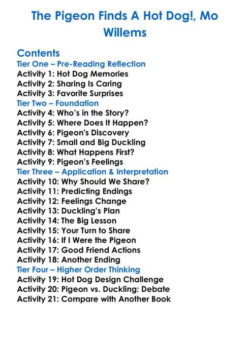 The Pigeon Finds A Hot Dog Mo Willems Worksheet Activity Booklet