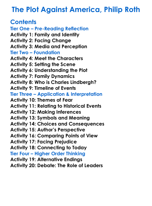 The Plot Against America Philip Roth Worksheet Activity Booklet
