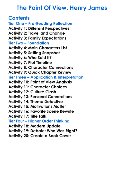 The Point Of View Henry James Worksheet Activity Booklet