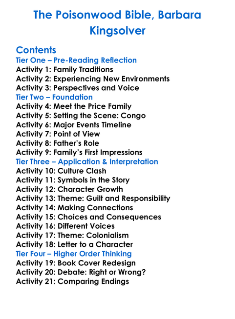 The Poisonwood Bible Barbara Kingsolver Worksheet Activity Booklet