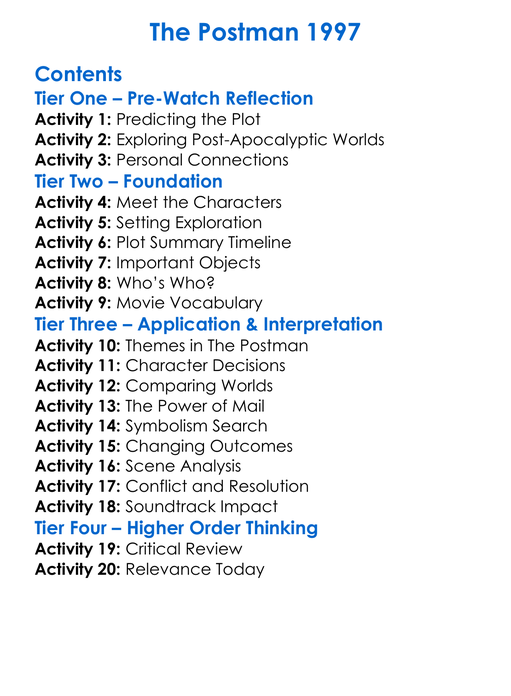 The Postman 1997 Worksheet Activity Booklet