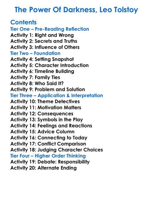 The Power Of Darkness Leo Tolstoy Worksheet Activity Booklet