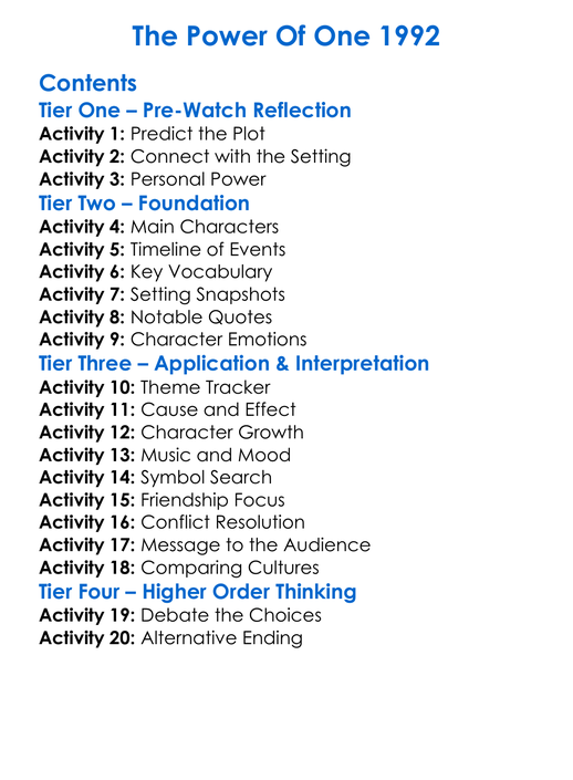The Power Of One 1992 Worksheet Activity Booklet
