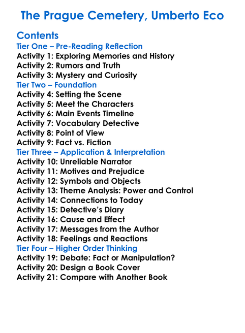 The Prague Cemetery Umberto Eco Worksheet Activity Booklet