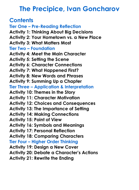 The Precipice Ivan Goncharov Worksheet Activity Booklet